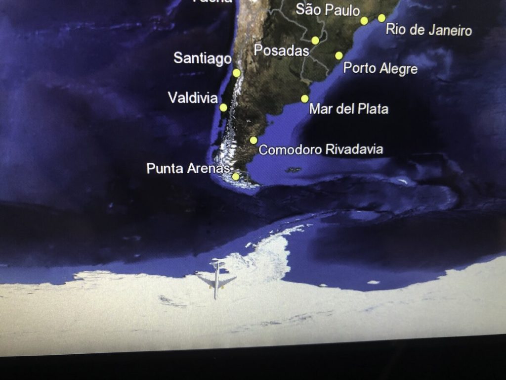 A map showing the southern tip of South America with cities labeled, including Punta Arenas, Valdivia, Santiago, and Rio de Janeiro. Antarctica and the route to the South Pole are visible at the bottom of the image.