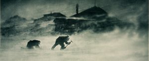 Two climbers, bent over against strong wind and snow in Antarctica, use ice axes as they approach a blurry, snow-covered building in harsh, stormy conditions. The scene appears cold and treacherous near the South Pole.