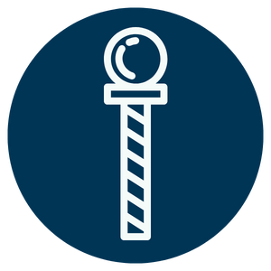 A white barber pole icon with a round top and diagonal stripes, set against a dark blue circular background, evokes the spirit of Antarctica and Antarctic Logistics and Expeditions.