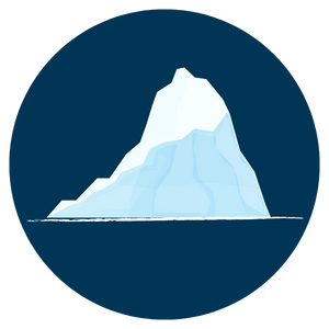 Illustration of an iceberg floating in water, with most of the ice visible above the dark blue circular background, evoking Antarctica’s hidden depths and the icy mysteries of the South Pole.
