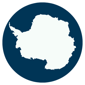 A simple graphic of Antarctica’s outline in white, centered on a dark blue circular background, evokes the remote beauty of the South Pole.