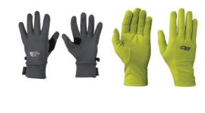 Two pairs of gloves: one in dark gray with black palms and The North Face logo, and one in bright yellow-green with the Outdoor Research logo, both displayed with palms and backs visible—ideal for Antarctic Logistics and Expeditions at the South Pole.