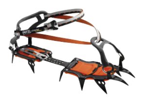 A metal and orange Petzl climbing crampon with sharp spikes, adjustable straps, and a heel clip—ideal for ice climbing or mountaineering in Antarctica or expeditions to the South Pole.