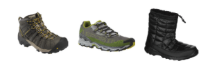 Three types of outdoor footwear: a brown hiking boot with yellow laces, a green and gray trail running shoe, and a black insulated winter boot—ideal for Antarctic Logistics and Expeditions or South Pole adventures.