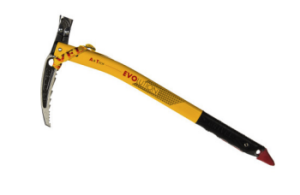 A yellow and black ice axe with a metal pick and adze, labeled EVOLUTION, designed for mountaineering and climbing in extreme environments like Antarctica.