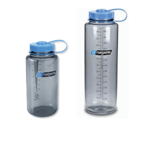 Two clear Nalgene water bottles with blue caps and measurement markings, one smaller and one larger, both with the Nalgene logo—perfect for staying hydrated during Antarctic Logistics and Expeditions at the South Pole.