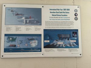 Infographic on the Amundsen-Scott South Pole Station highlights its history, station images, transport methods, and what an overnight trip at the South Pole entails—including tough construction logistics amid wind, ice flow, and ice creep.