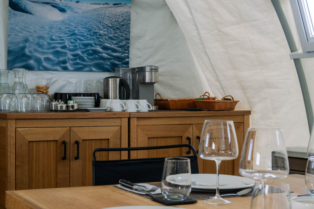 Interior of dining tent at Three Glaciers Retreat.